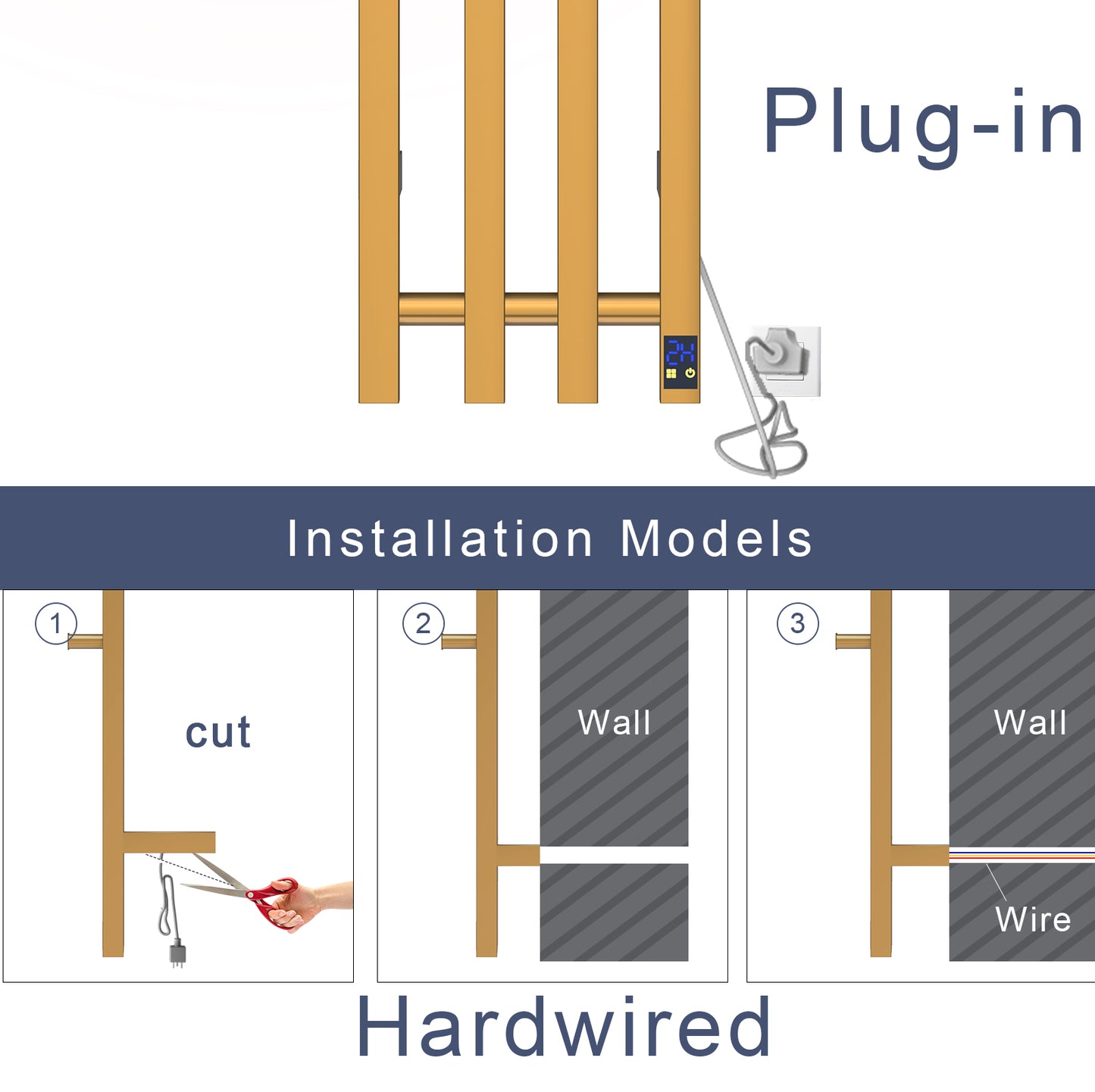Electric Heated Towel Rack With Timer - Gold, Wall-Mounted Towel Warmer, 4 Vertical Bars, Plug-In or Hardwired, Square Design