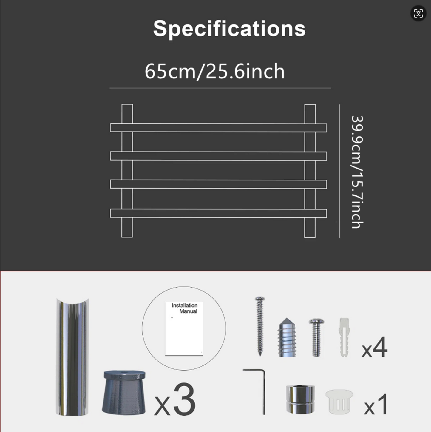 Heated Towel Warmer with Timer – 4-Bar Horizontal Rack, Wall-Mounted, Round Design, Classic Black Finish for Bathroom