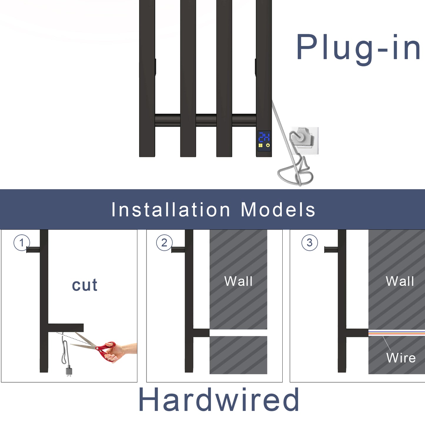 Electric Heated Towel Rack With Timer - Black, Wall-Mounted Towel Warmer, 4 Vertical Bars, Plug-In or Hardwired, Square Design
