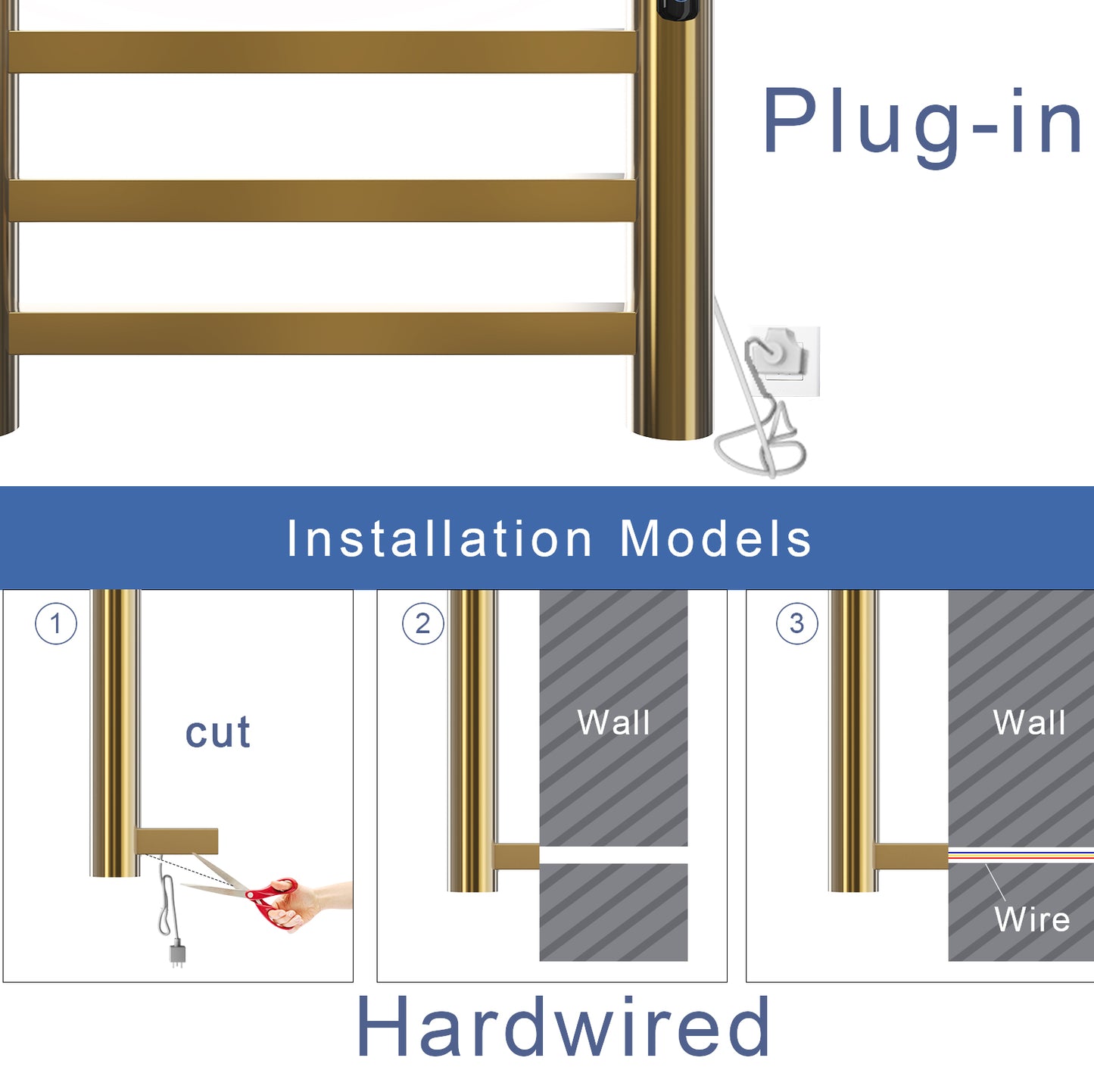 Gold Heated Towel Warmer for Bathroom – 6-Bar Horizontal Rack with Timer, Wall-Mounted, Round Design