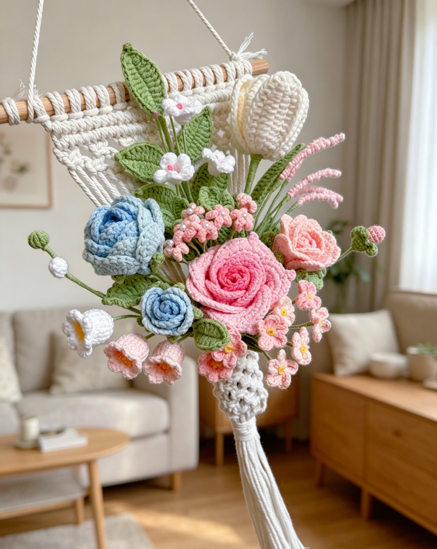 Handmade Crochet Flower Wall Hanging Bouquet, Boho Macrame Floral Wall Decor with Wooden Dowel, Pastel Knitted Rose Tulip Lily Flowers for Bedroom Nursery Entryway, Handmade Housewarming Birthday Gift
