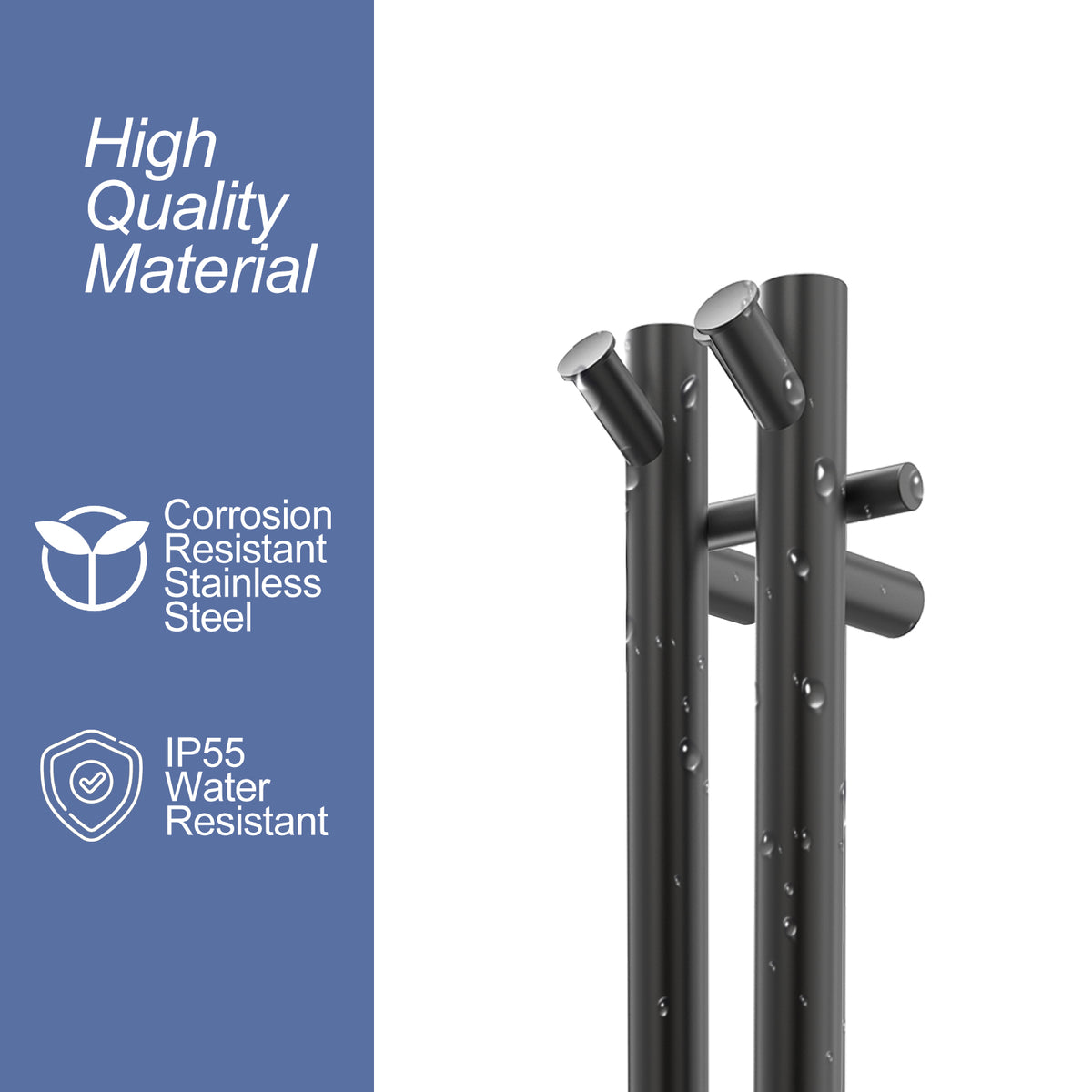 Black 2-bar towel warmer stainless steel and IP55 water-resistant material detail