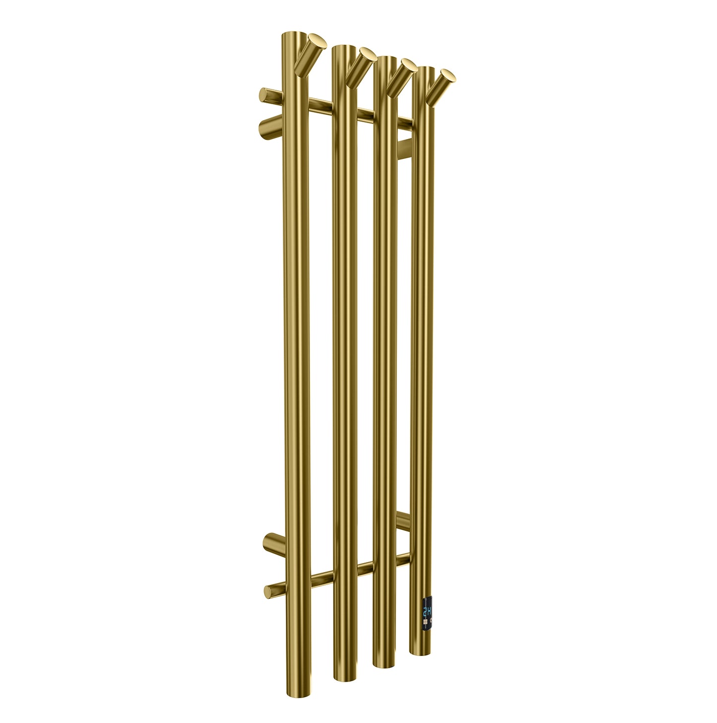 Electric Heated Towel Rack With Timer - Gold,  Wall-Mounted Towel Warmer, 4 Vertical Bars, Plug-In or Hardwired, Round Luxury Design