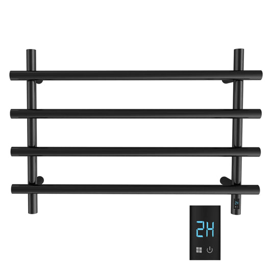 Heated Towel Warmer with Timer – 4-Bar Horizontal Rack, Wall-Mounted, Round Design, Classic Black Finish for Bathroom