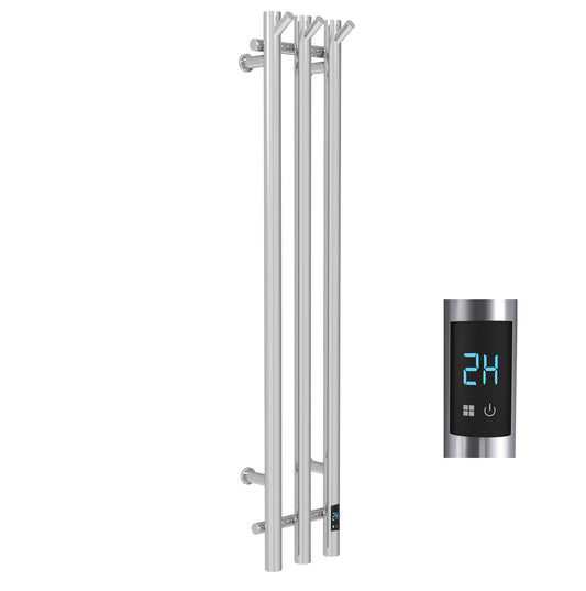 Electric Heated Towel Rack With Timer - Silver,  Wall-Mounted Towel Warmer, 3 Vertical Bars, Plug-In or Hardwired, Round Design