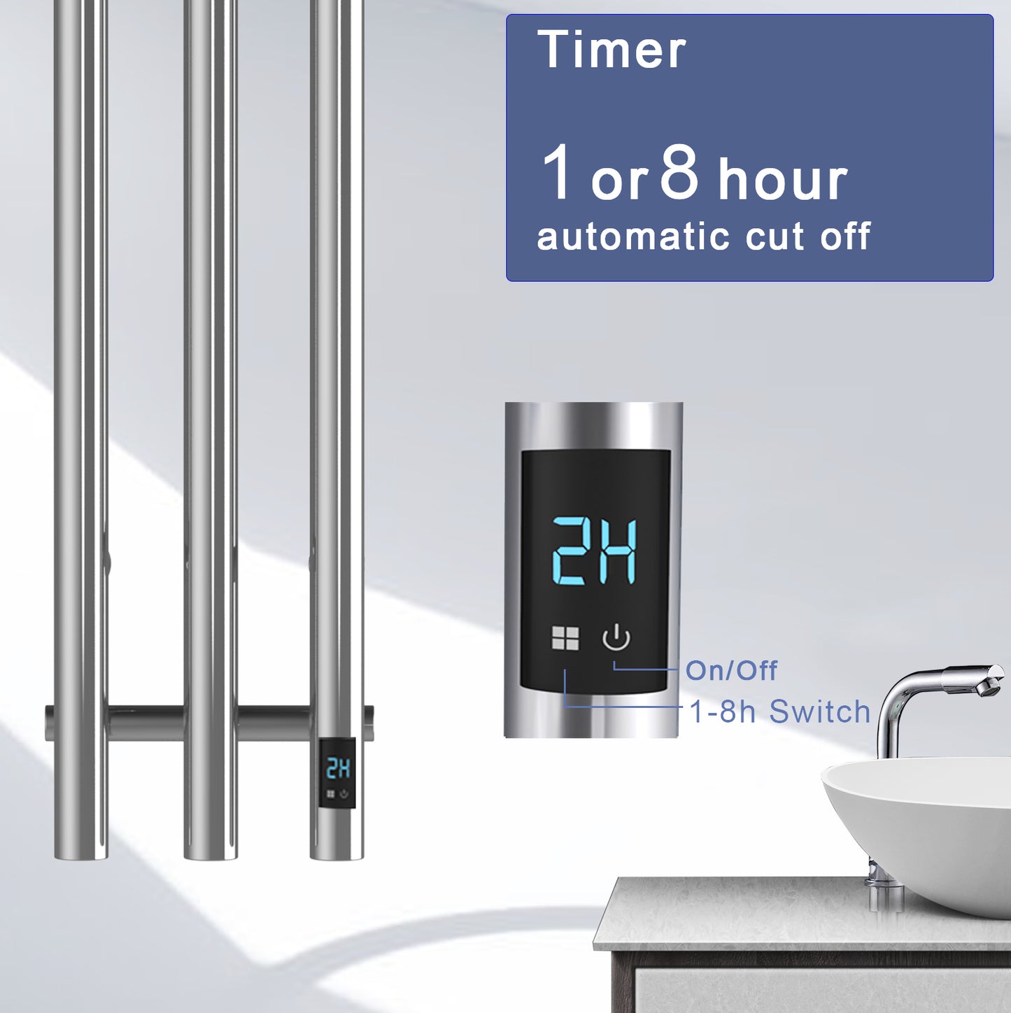 Electric Heated Towel Rack With Timer - Silver,  Wall-Mounted Towel Warmer, 3 Vertical Bars, Plug-In or Hardwired, Round Design