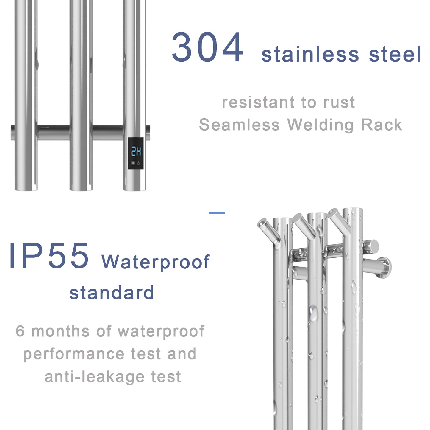 Electric Heated Towel Rack With Timer - Silver,  Wall-Mounted Towel Warmer, 3 Vertical Bars, Plug-In or Hardwired, Round Design