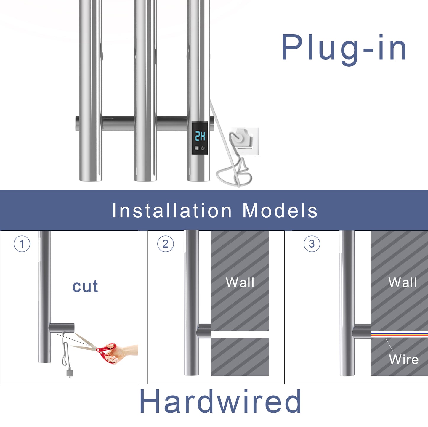 Electric Heated Towel Rack With Timer - Silver,  Wall-Mounted Towel Warmer, 3 Vertical Bars, Plug-In or Hardwired, Round Design