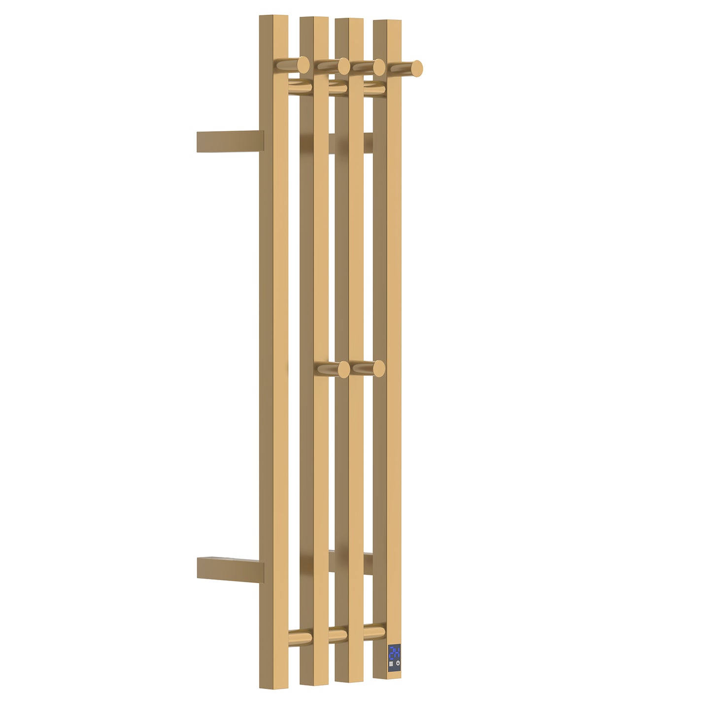 Electric Heated Towel Rack With Timer - Gold,  Wall-Mounted Towel Warmer, 4 Vertical Bars, Plug-In or Hardwired, Square Design