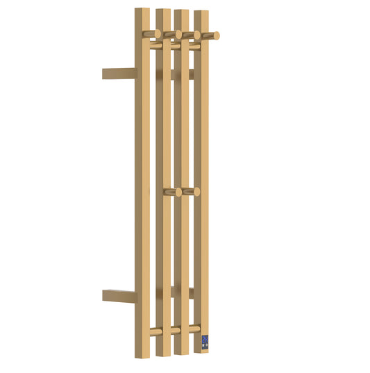 Electric Heated Towel Rack With Timer - Gold,  Wall-Mounted Towel Warmer, 4 Vertical Bars, Plug-In or Hardwired, Square Design