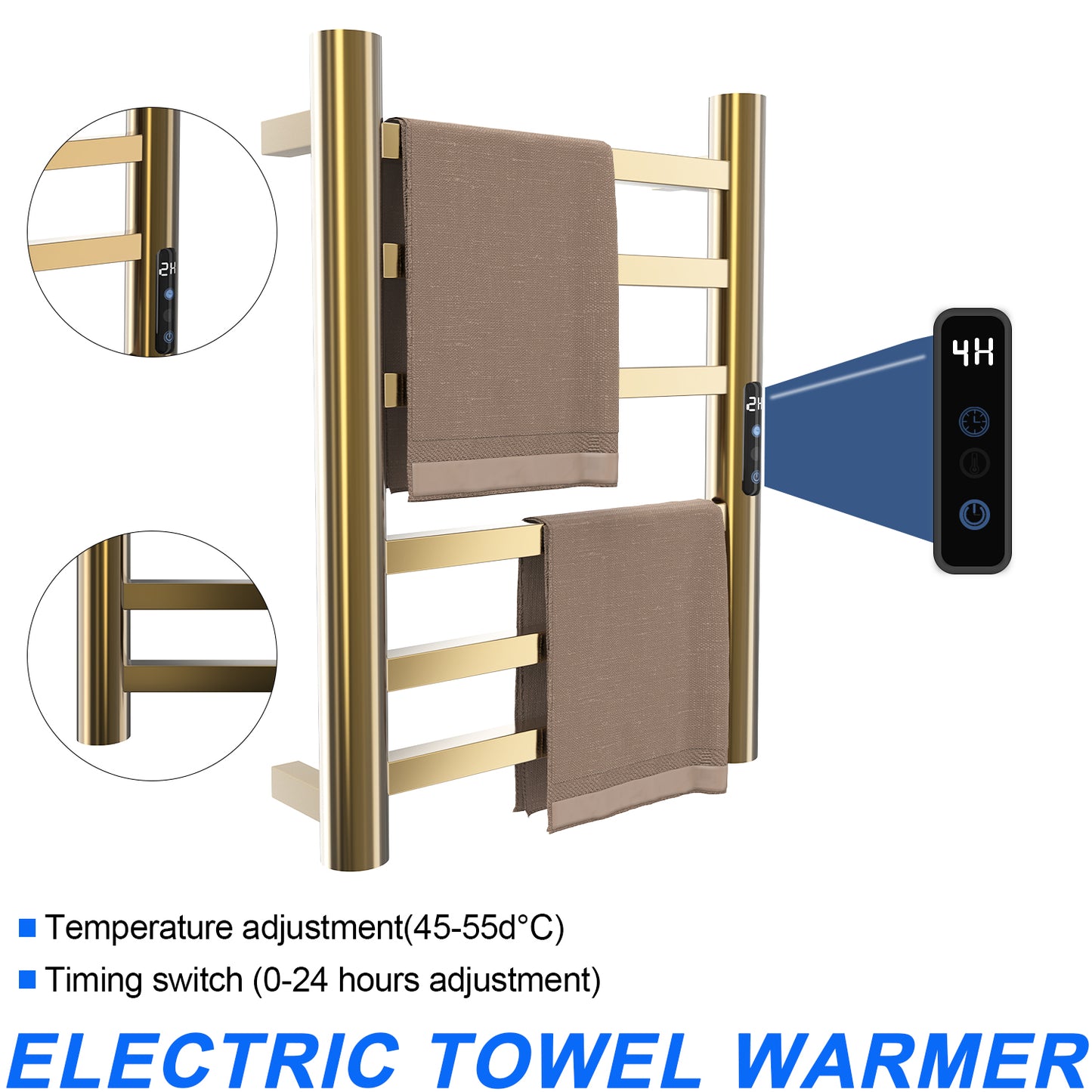 Gold Heated Towel Warmer for Bathroom – 6-Bar Horizontal Rack with Timer, Wall-Mounted, Round Design