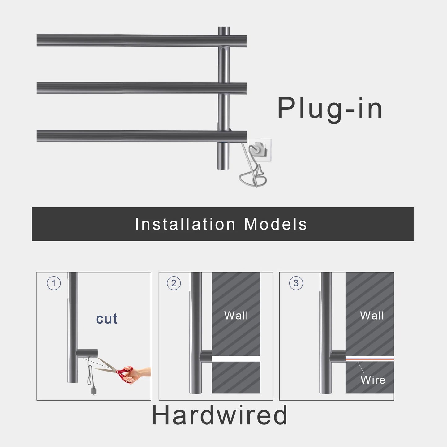Heated Towel Warmer with Timer – 4-Bar Horizontal Rack, Wall-Mounted, Round Design, Classic Black Finish for Bathroom