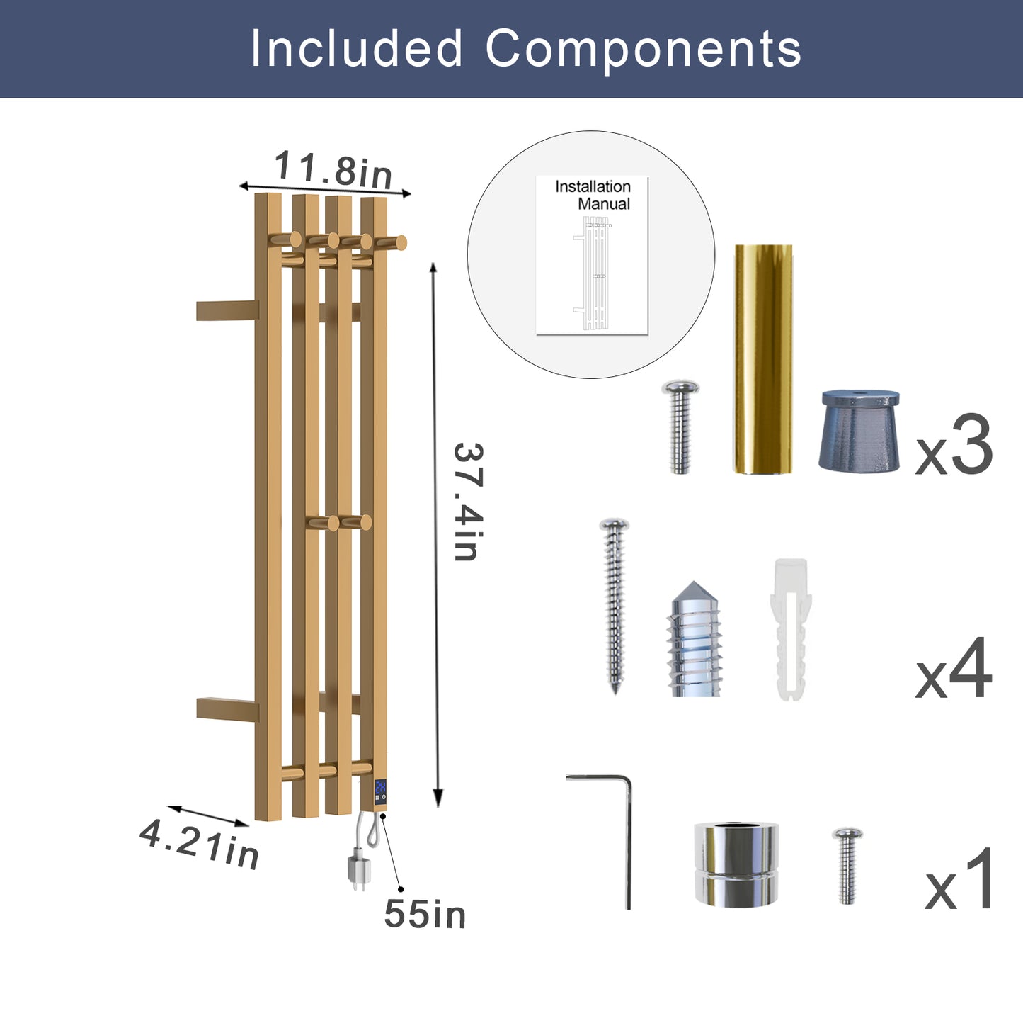 Electric Heated Towel Rack With Timer - Gold,  Wall-Mounted Towel Warmer, 4 Vertical Bars, Plug-In or Hardwired, Square Design