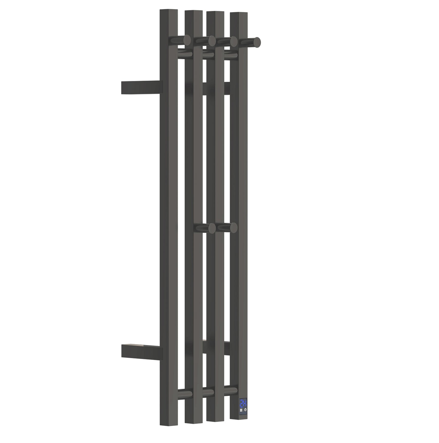 Electric Heated Towel Rack With Timer - Black,  Wall-Mounted Towel Warmer, 4 Vertical Bars, Plug-In or Hardwired, Square Design