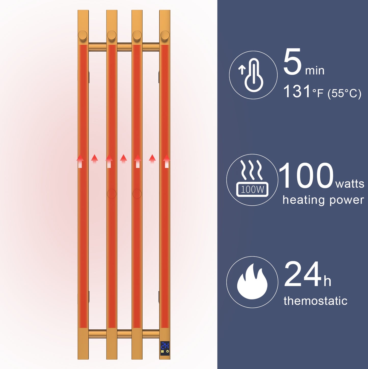Electric Heated Towel Rack With Timer - Gold,  Wall-Mounted Towel Warmer, 4 Vertical Bars, Plug-In or Hardwired, Square Design
