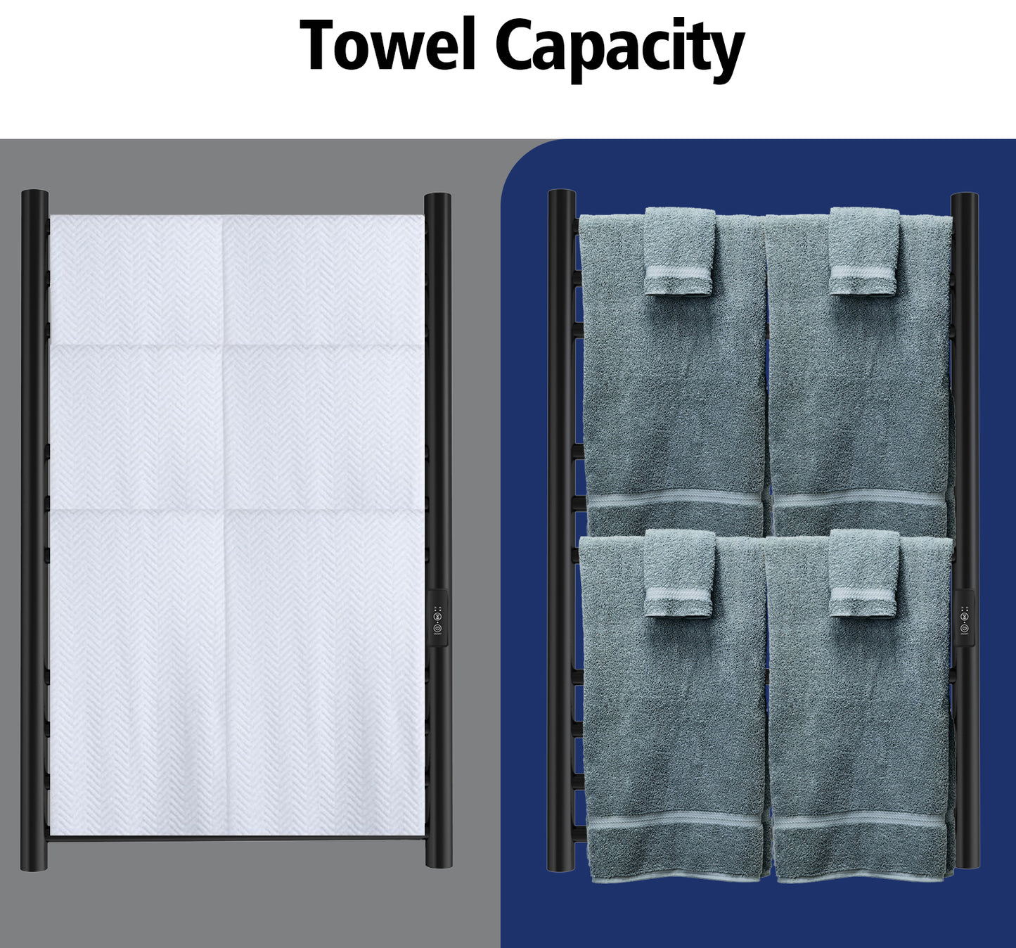 Heated Towel Warmer for Bathroom – 10-Bar Horizontal Towel Rack with Timer, Wall-Mounted, Round Design, Matte Black Finish