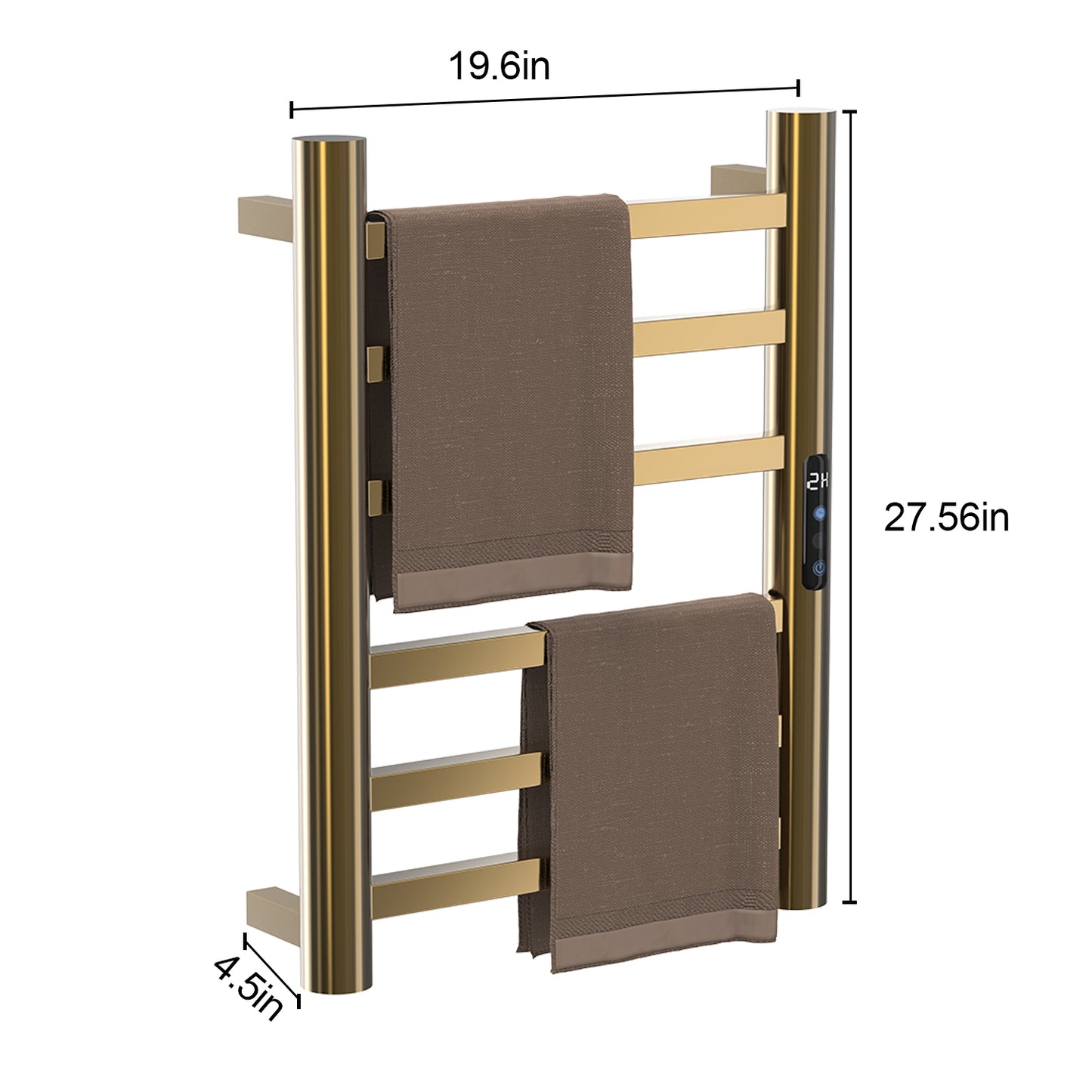 Gold Heated Towel Warmer for Bathroom – 6-Bar Horizontal Rack with Timer, Wall-Mounted, Round Design