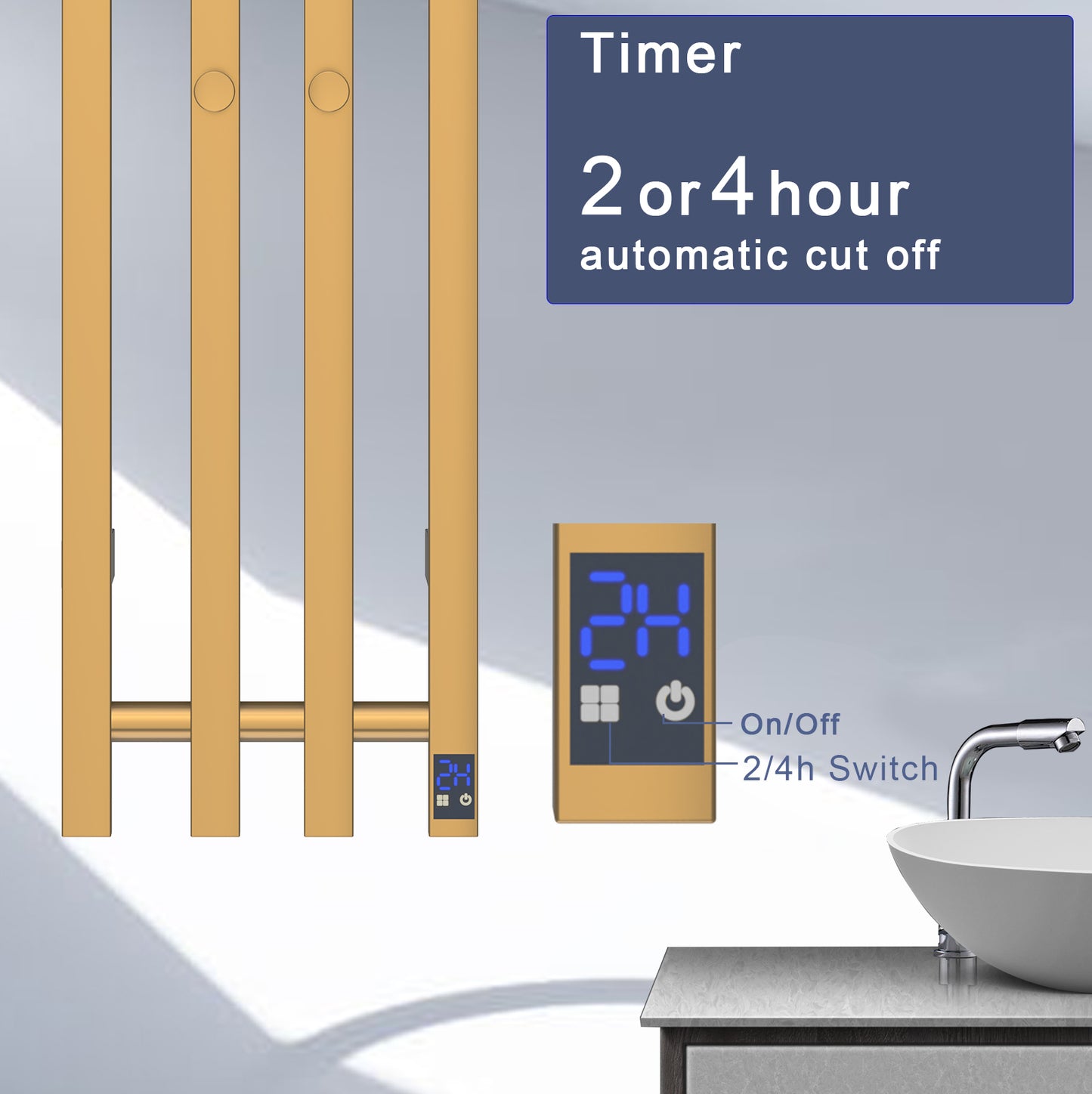 Electric Heated Towel Rack With Timer - Gold,  Wall-Mounted Towel Warmer, 4 Vertical Bars, Plug-In or Hardwired, Square Design