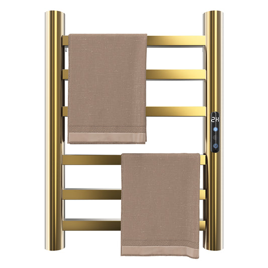 Gold Heated Towel Warmer for Bathroom – 6-Bar Horizontal Rack with Timer, Wall-Mounted, Round Design