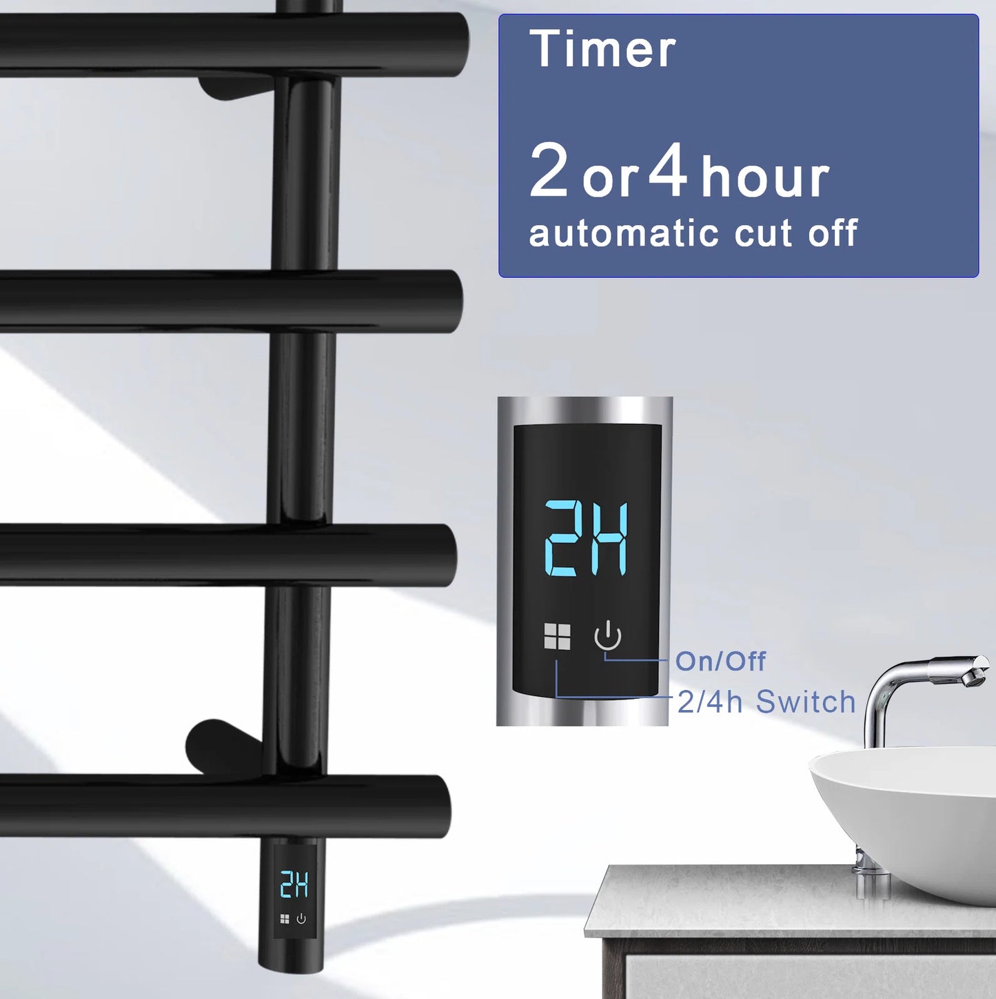 Heated Towel Warmer with Timer – 4-Bar Horizontal Rack, Wall-Mounted, Round Design, Classic Black Finish for Bathroom