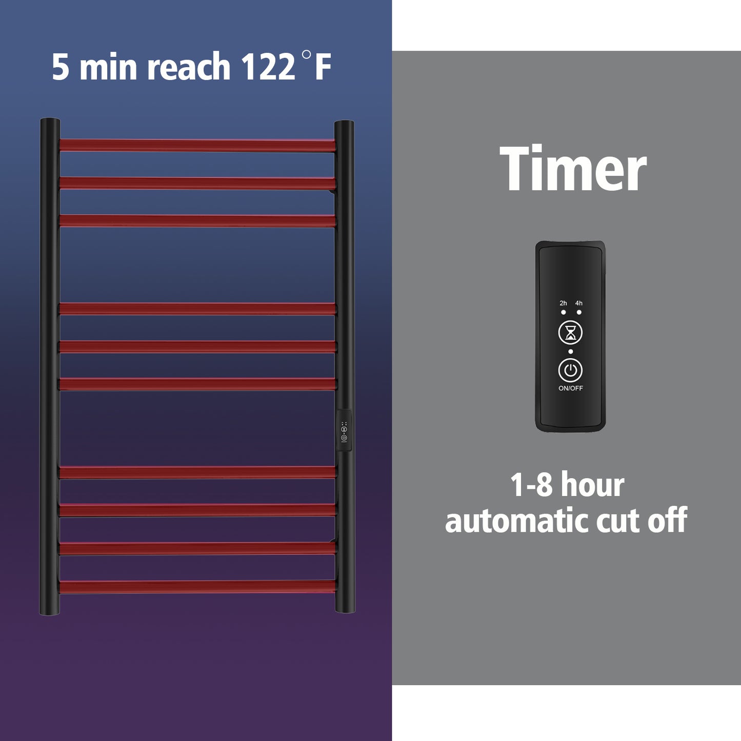 Heated Towel Warmer for Bathroom – 10-Bar Horizontal Towel Rack with Timer, Wall-Mounted, Round Design, Matte Black Finish