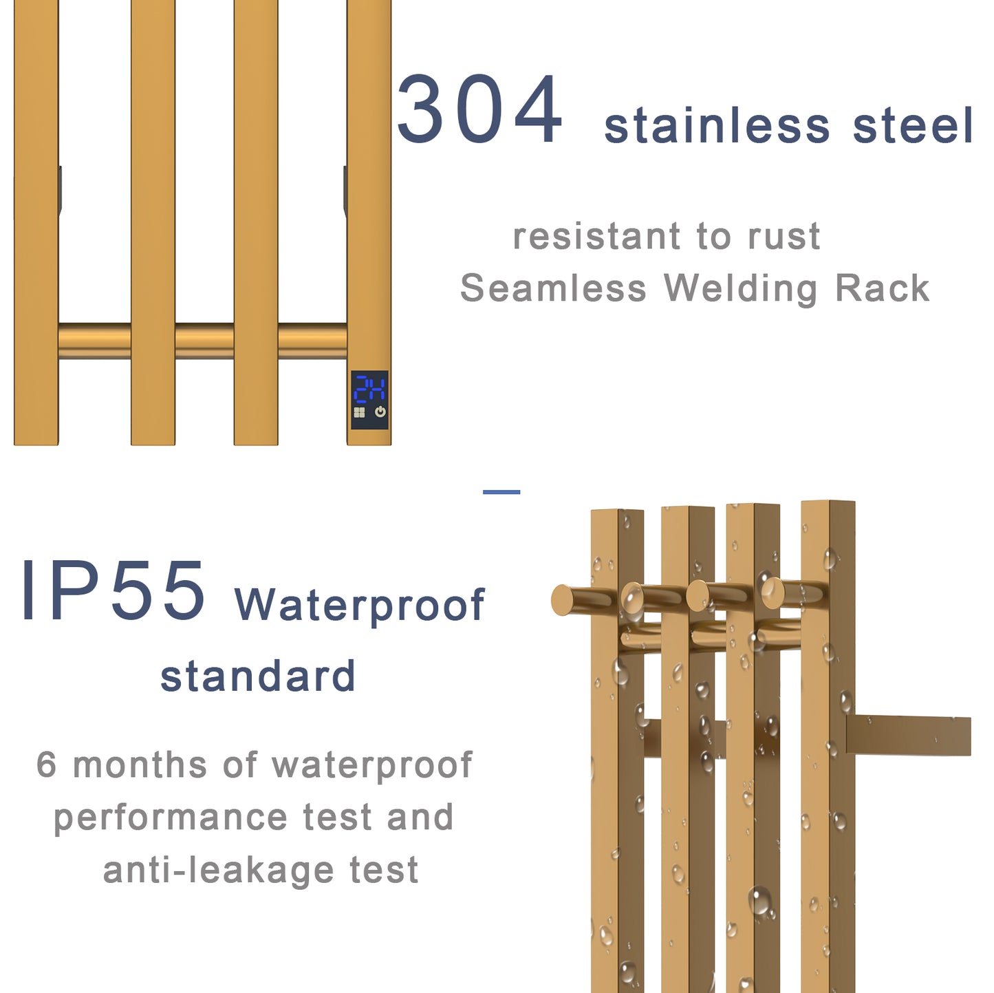 Electric Heated Towel Rack With Timer - Gold,  Wall-Mounted Towel Warmer, 4 Vertical Bars, Plug-In or Hardwired, Square Design