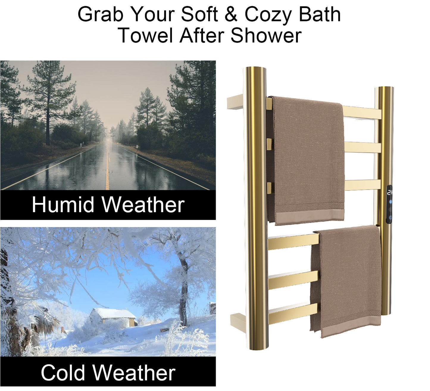 Gold Heated Towel Warmer for Bathroom – 6-Bar Horizontal Rack with Timer, Wall-Mounted, Round Design