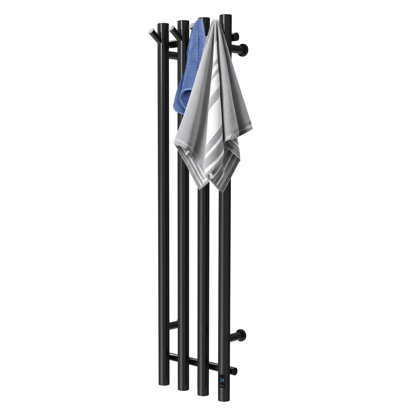 Electric Heated Towel Rack With Timer - Black,  Wall-Mounted Towel Warmer, 4 Vertical Bars, Plug-In or Hardwired, Round Design