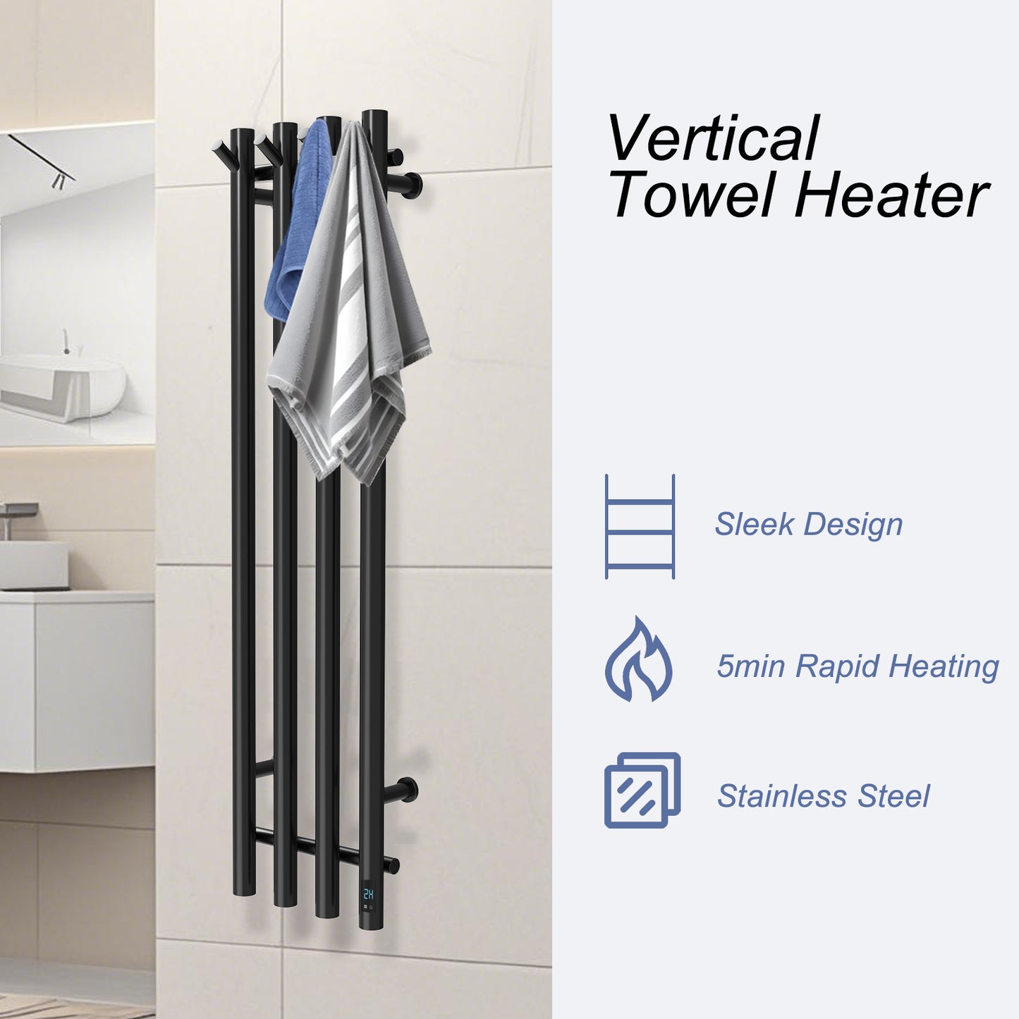Electric Heated Towel Rack With Timer - Black,  Wall-Mounted Towel Warmer, 4 Vertical Bars, Plug-In or Hardwired, Round Design