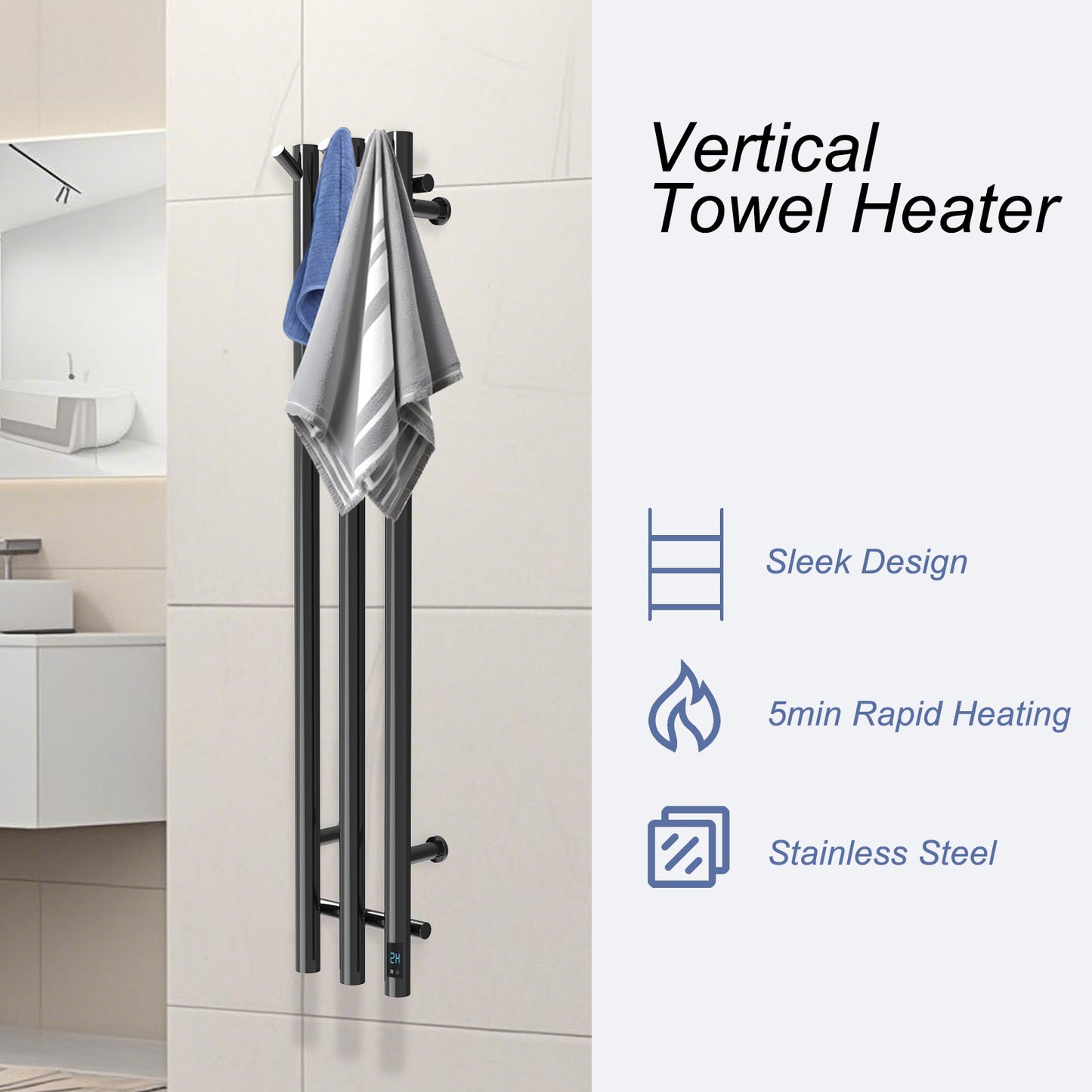 Electric Heated Towel Rack With Timer - Black,  Wall-Mounted Towel Warmer, 3 Vertical Bars, Plug-In or Hardwired, Round Design