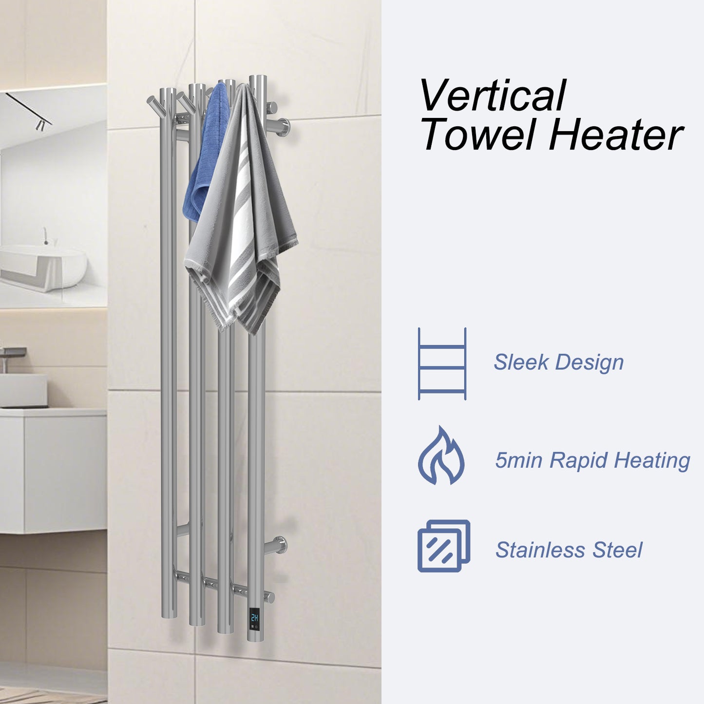 Electric Heated Towel Rack With Timer - Silver,  Wall-Mounted Towel Warmer, 4 Vertical Bars, Plug-In or Hardwired, Round Design