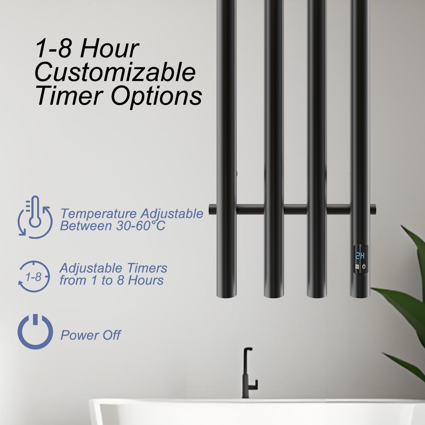 Electric Heated Towel Rack With Timer - Black,  Wall-Mounted Towel Warmer, 4 Vertical Bars, Plug-In or Hardwired, Round Design