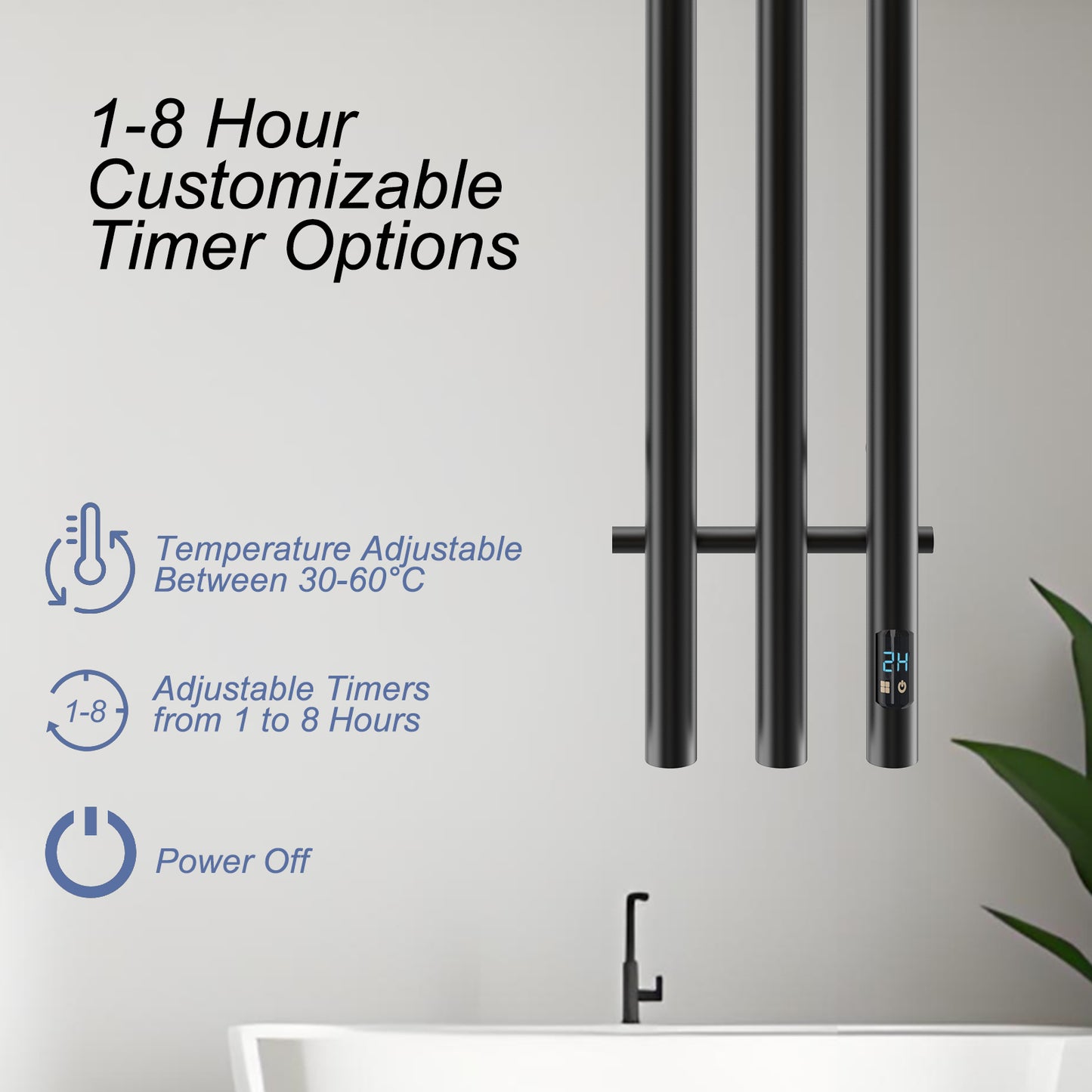 Electric Heated Towel Rack With Timer - Black,  Wall-Mounted Towel Warmer, 3 Vertical Bars, Plug-In or Hardwired, Round Design