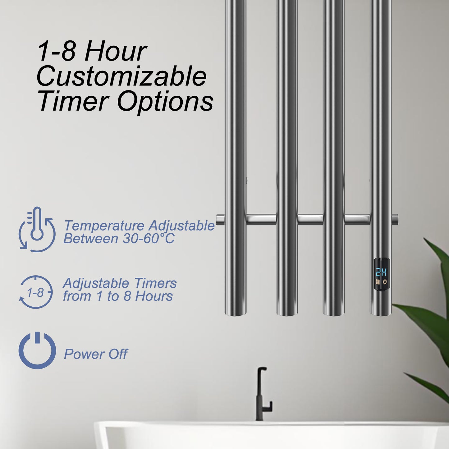 Electric Heated Towel Rack With Timer - Silver,  Wall-Mounted Towel Warmer, 4 Vertical Bars, Plug-In or Hardwired, Round Design