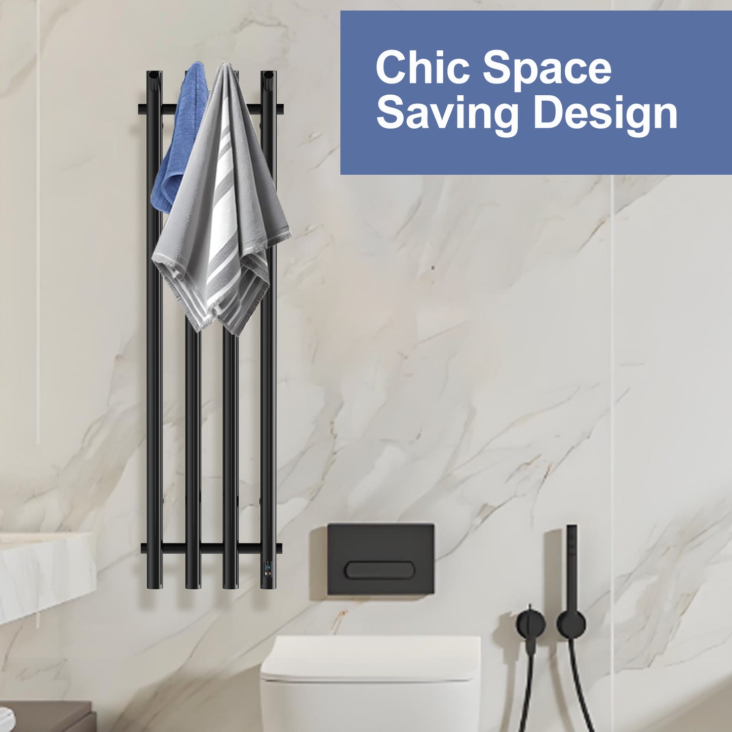 Electric Heated Towel Rack With Timer - Black,  Wall-Mounted Towel Warmer, 4 Vertical Bars, Plug-In or Hardwired, Round Design