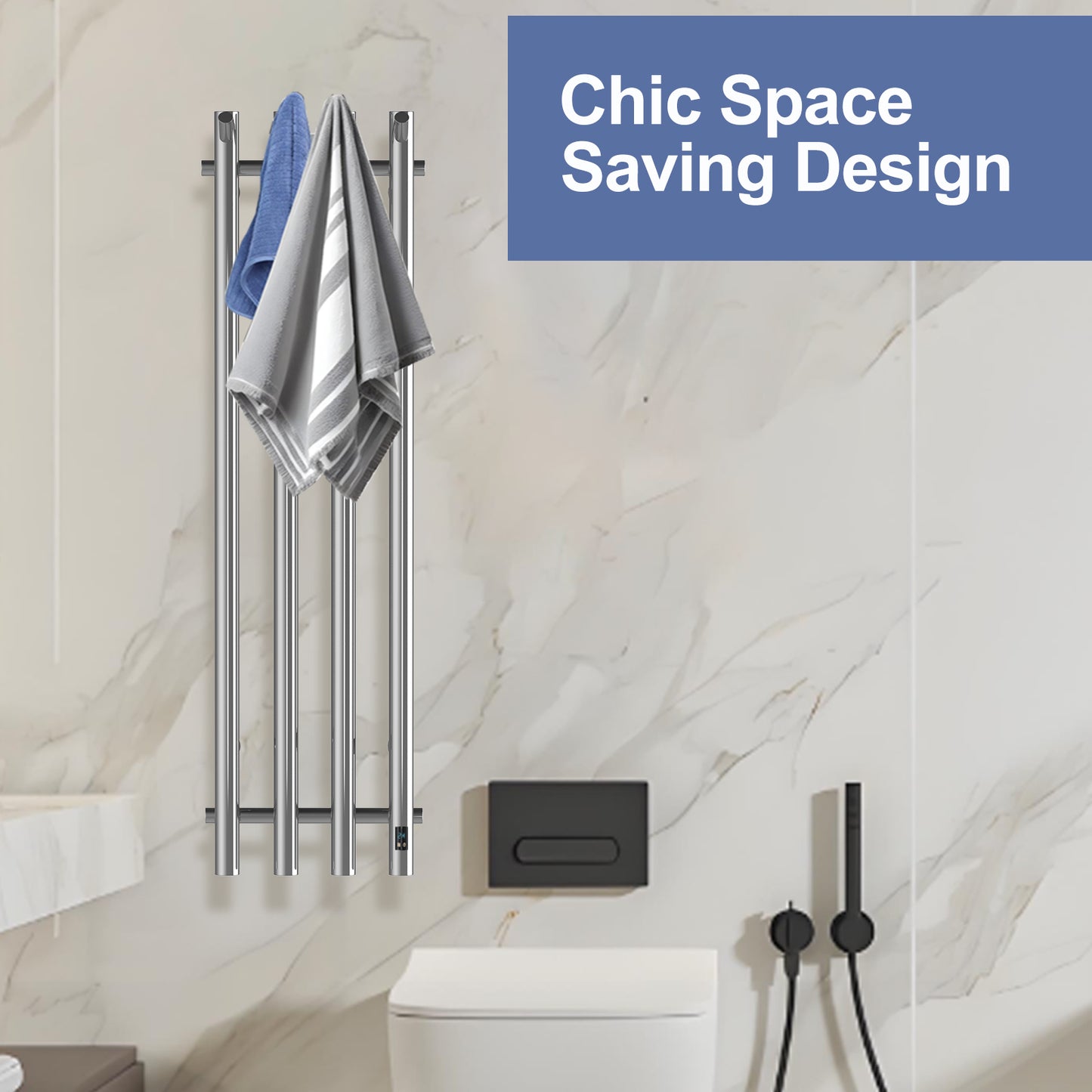 Electric Heated Towel Rack With Timer - Silver,  Wall-Mounted Towel Warmer, 4 Vertical Bars, Plug-In or Hardwired, Round Design