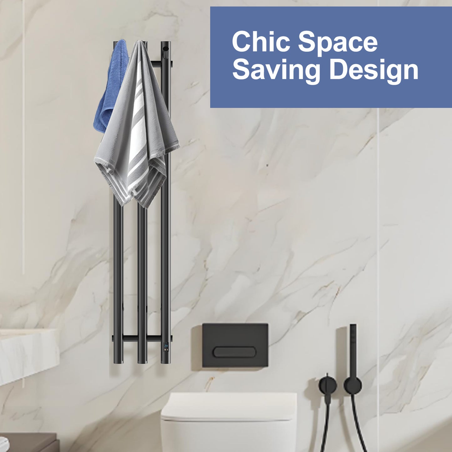 Electric Heated Towel Rack With Timer - Black,  Wall-Mounted Towel Warmer, 3 Vertical Bars, Plug-In or Hardwired, Round Design