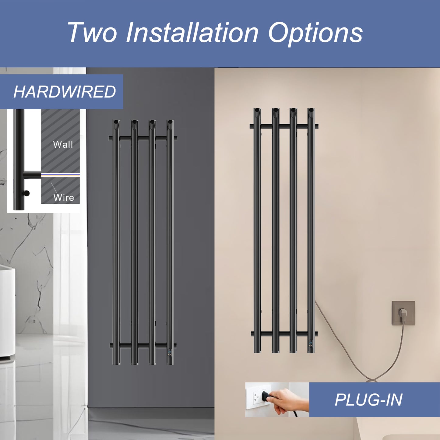 Electric Heated Towel Rack With Timer - Black,  Wall-Mounted Towel Warmer, 4 Vertical Bars, Plug-In or Hardwired, Round Design