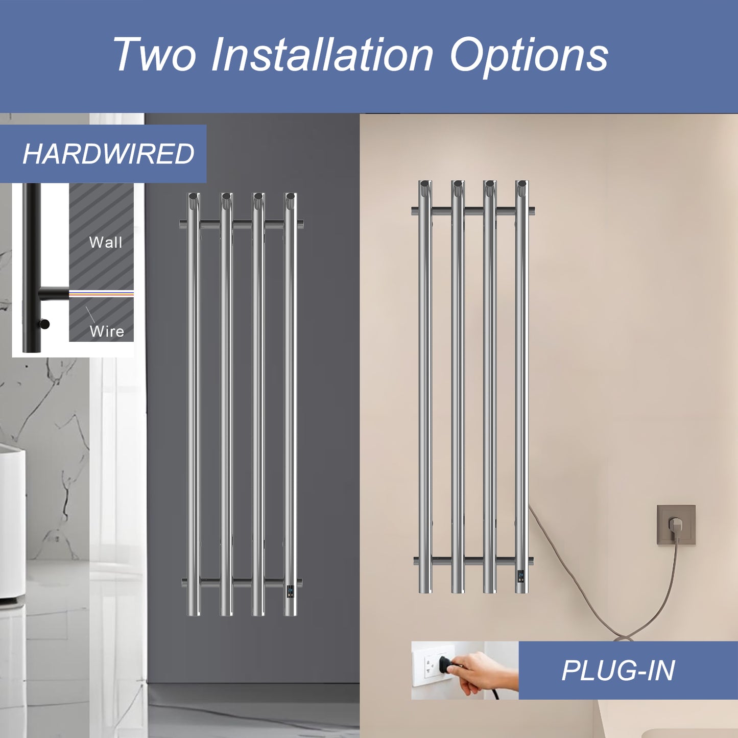 Electric Heated Towel Rack With Timer - Silver,  Wall-Mounted Towel Warmer, 4 Vertical Bars, Plug-In or Hardwired, Round Design