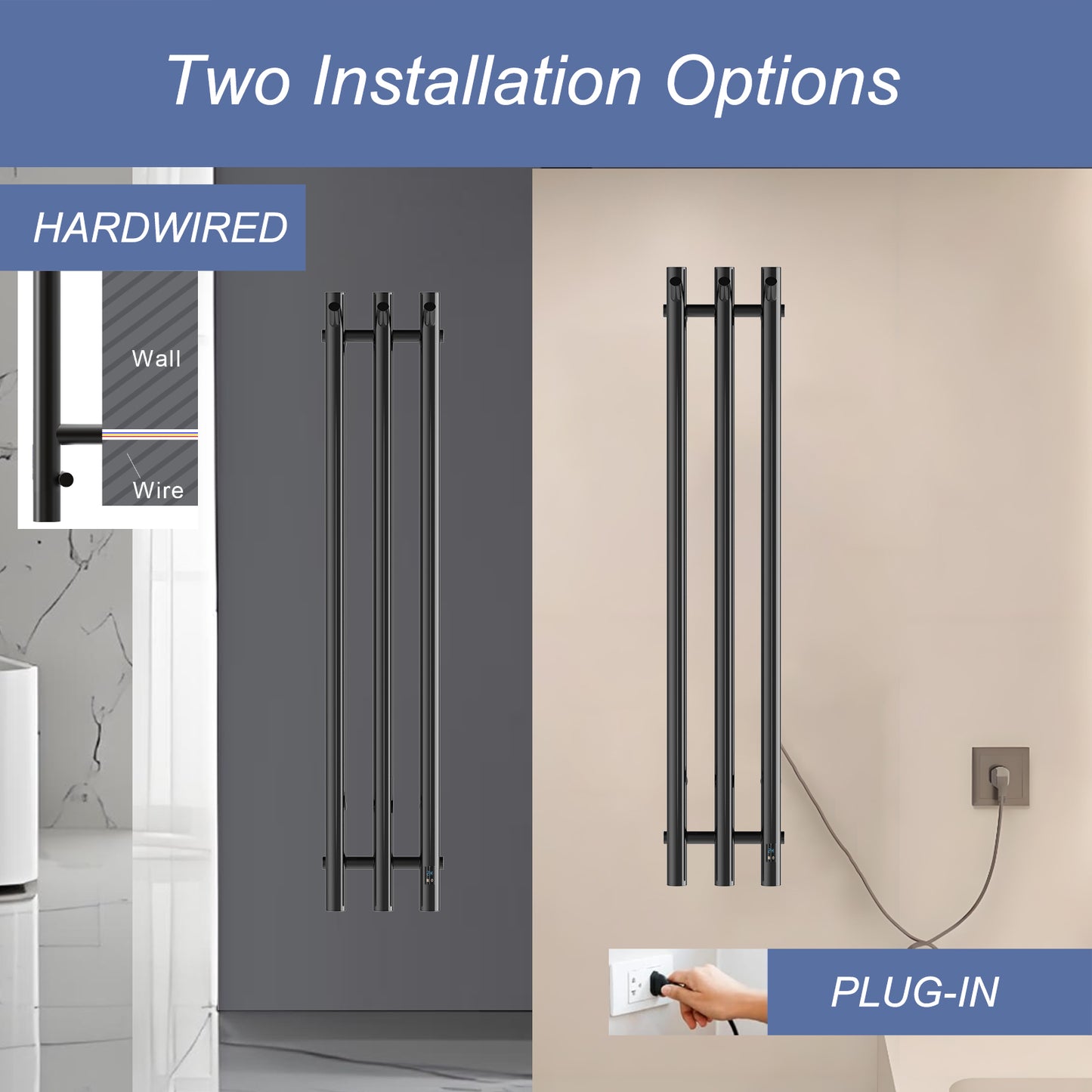 Electric Heated Towel Rack With Timer - Black,  Wall-Mounted Towel Warmer, 3 Vertical Bars, Plug-In or Hardwired, Round Design