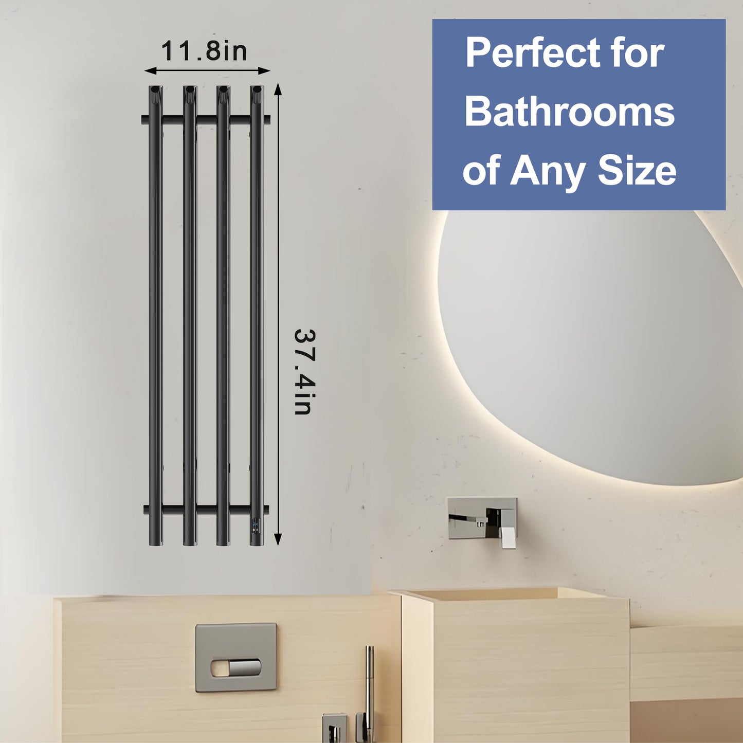 Electric Heated Towel Rack With Timer - Black,  Wall-Mounted Towel Warmer, 4 Vertical Bars, Plug-In or Hardwired, Round Design