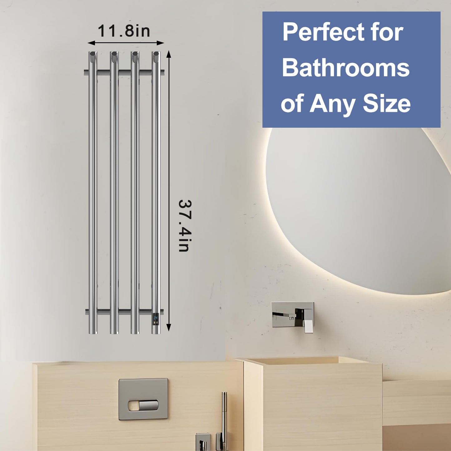 Electric Heated Towel Rack With Timer - Silver,  Wall-Mounted Towel Warmer, 4 Vertical Bars, Plug-In or Hardwired, Round Design