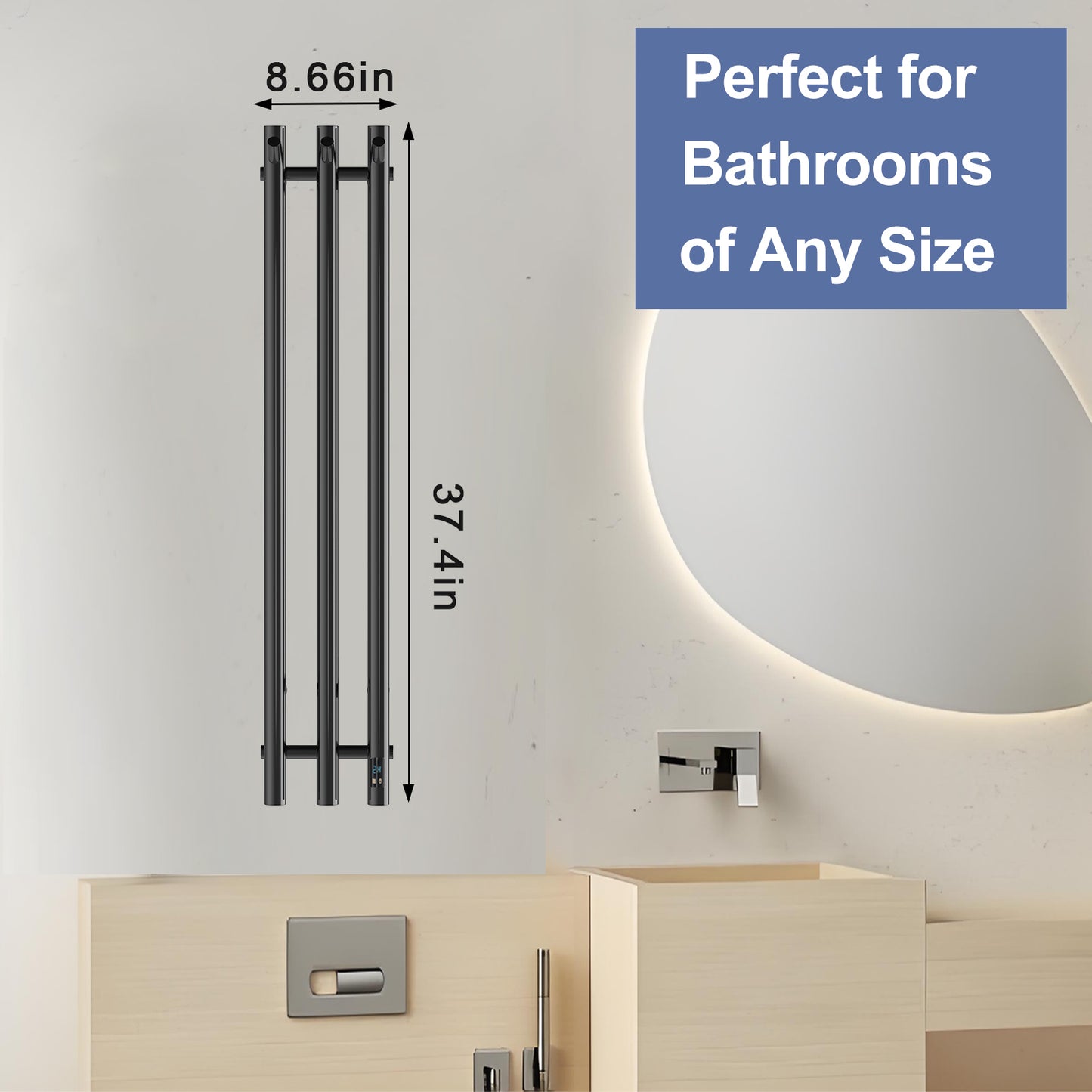 Electric Heated Towel Rack With Timer - Black,  Wall-Mounted Towel Warmer, 3 Vertical Bars, Plug-In or Hardwired, Round Design