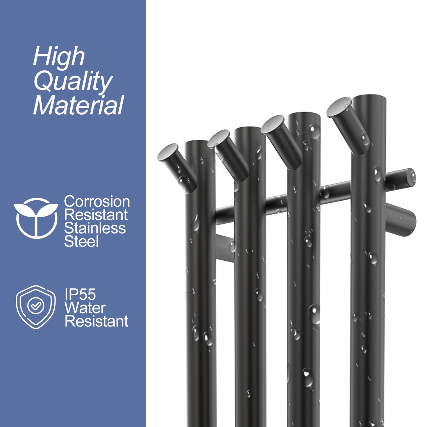 Electric Heated Towel Rack With Timer - Black,  Wall-Mounted Towel Warmer, 4 Vertical Bars, Plug-In or Hardwired, Round Design