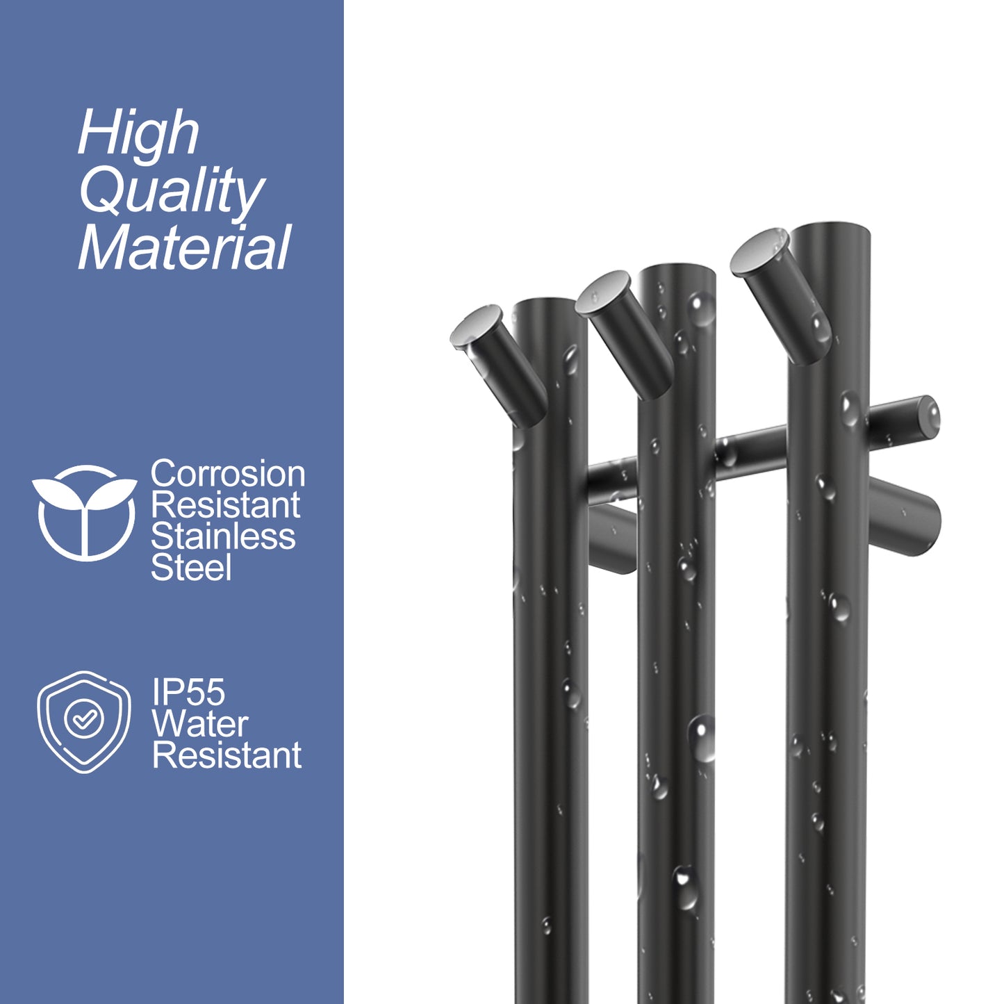 Electric Heated Towel Rack With Timer - Black,  Wall-Mounted Towel Warmer, 3 Vertical Bars, Plug-In or Hardwired, Round Design