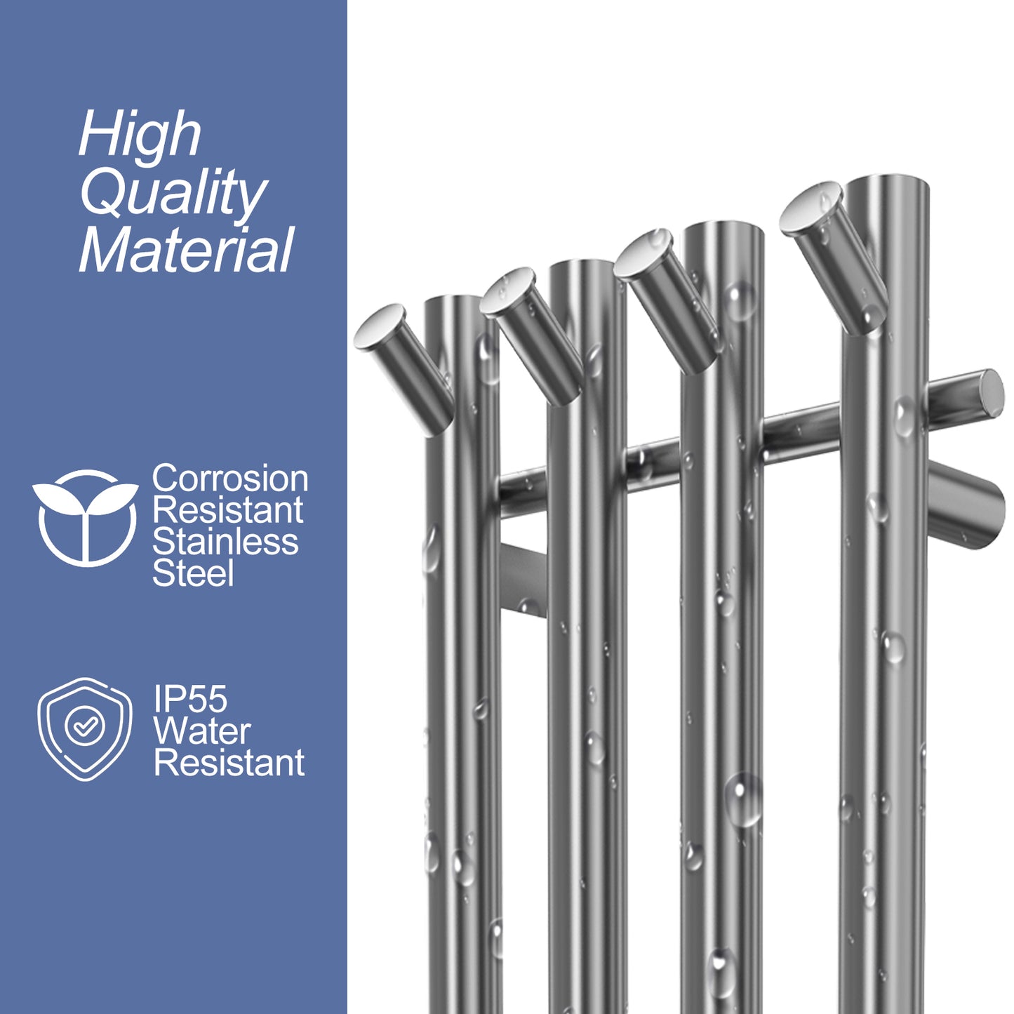 Electric Heated Towel Rack With Timer - Silver,  Wall-Mounted Towel Warmer, 4 Vertical Bars, Plug-In or Hardwired, Round Design