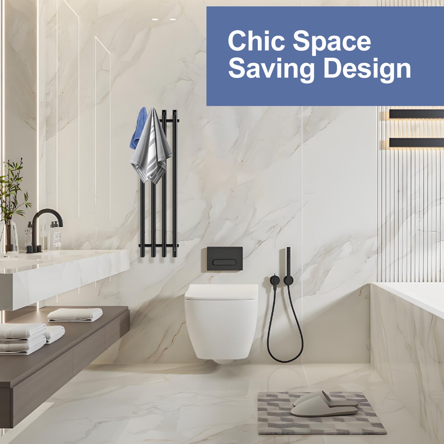 Electric Heated Towel Rack With Timer - Black,  Wall-Mounted Towel Warmer, 4 Vertical Bars, Plug-In or Hardwired, Round Design