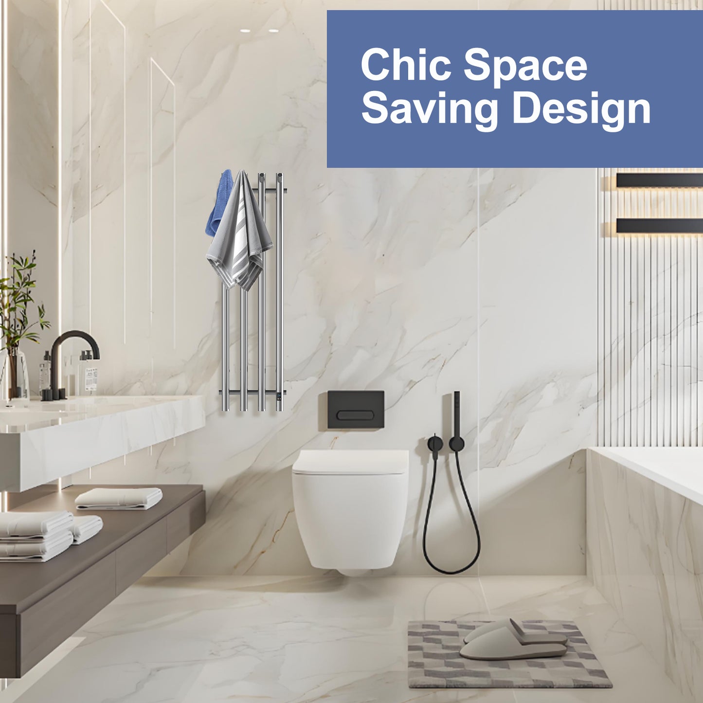 Electric Heated Towel Rack With Timer - Silver,  Wall-Mounted Towel Warmer, 4 Vertical Bars, Plug-In or Hardwired, Round Design