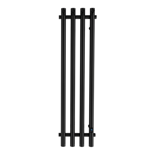 Electric Heated Towel Rack With Timer - Black,  Wall-Mounted Towel Warmer, 4 Vertical Bars, Plug-In or Hardwired, Round Luxury Design