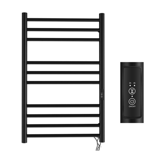 Heated Towel Warmer for Bathroom – 10-Bar Horizontal Towel Rack with Timer, Wall-Mounted, Round Design, Matte Black Finish